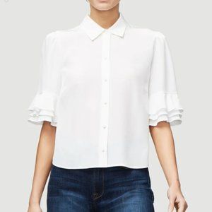 Frame Ruffle Sleeve Silk Blouse In Blanc